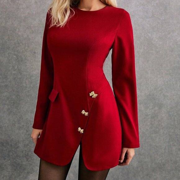 Burgundy Elegant Women's Asymmetric Hem Round Neck Dress - Picture 7 of 8